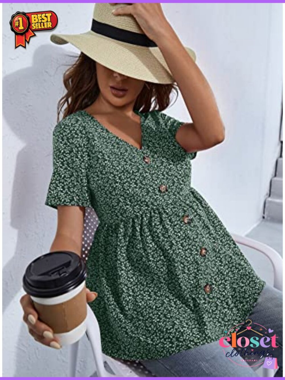 Floerns Maternity Blouse V Neck Button Front Peplum Top